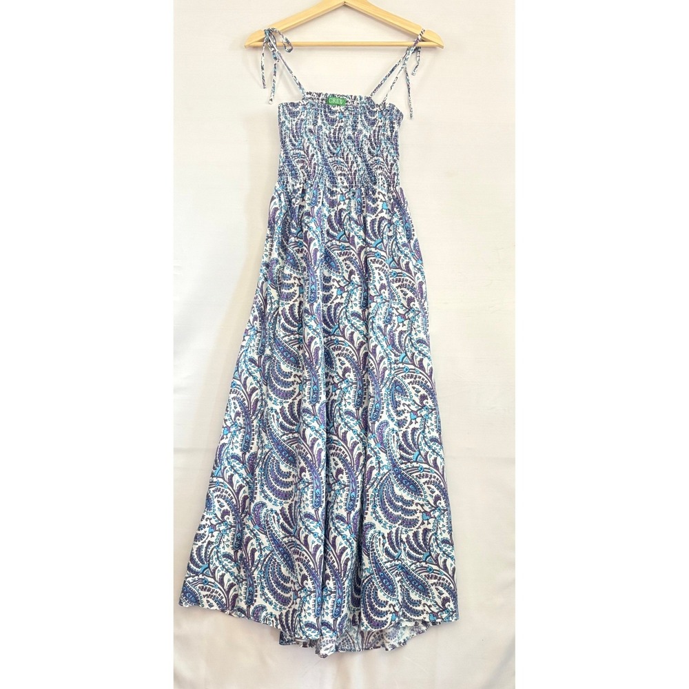 J.Crew Paisley Smocked Maxi Dress Blue Purple Cutout Back Tie Strap Womens M